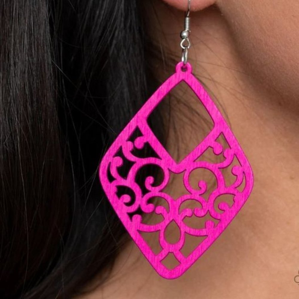 Earrings, Pink , Wooden